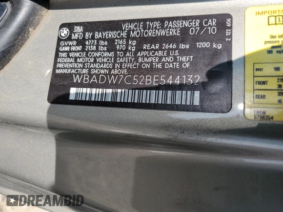 2011 BMW 3 Series 328i with VIN WBADW7C52BE544132, listed as a Copart auction lot 59556505 with Not provided miles and Clean title. Bid and sale history available at DreamBid. Image 13.