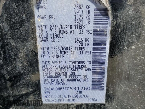 2014 Infiniti QX60 with VIN 5N1AL0MM2EC531260, listed as a Copart auction lot 61309165 with 160,957 mi miles and Salvage title. Bid and sale history available at DreamBid. Image 13.
