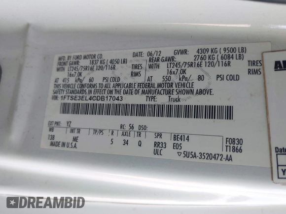 2012 Ford Econoline Cargo Super Duty Commercial with VIN 1FTSE3EL4CDB17043, listed as a IAAI auction lot 42533358 with Not provided miles and . Bid and sale history available at DreamBid. Image 9.