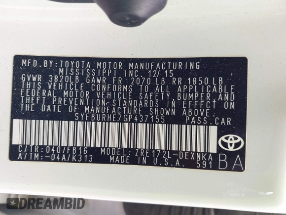 2016 Toyota Corolla L с VIN 5YFBURHE7GP437155, выставлен на аукционе IAAI как лот 42301979 с пробегом 62 939 миль миль и . История ставок и продаж доступна на DreamBid. Изображение 9.