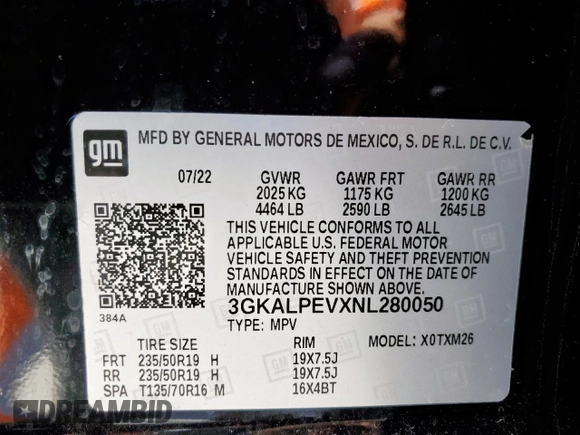 2022 GMC Terrain SLT with VIN 3GKALPEVXNL280050, listed as a Copart auction lot 57501625 with 61,113 mi miles and Salvage title. Bid and sale history available at DreamBid. Image 14.