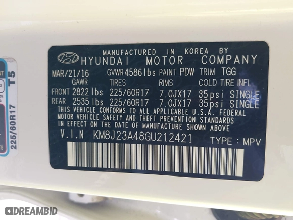 2016 Hyundai Tucson SE with VIN KM8J23A48GU212421, listed as a IAAI auction lot 42072562 with 63,745 mi miles. Bid and sale history available at carsss.com. Image 9.