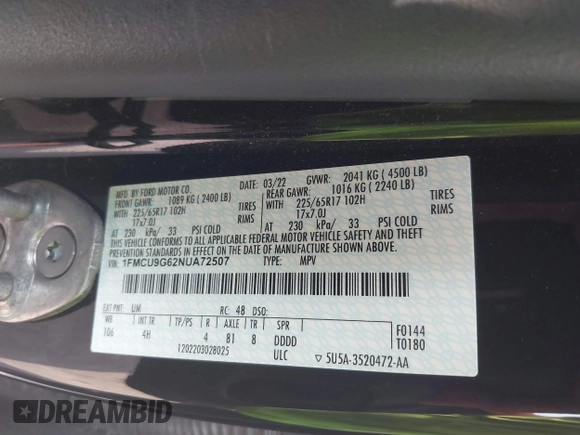 2022 Ford Escape SE with VIN 1FMCU9G62NUA72507, listed as a IAAI auction lot 42615366 with 34,214 mi miles and . Bid and sale history available at DreamBid. Image 9.