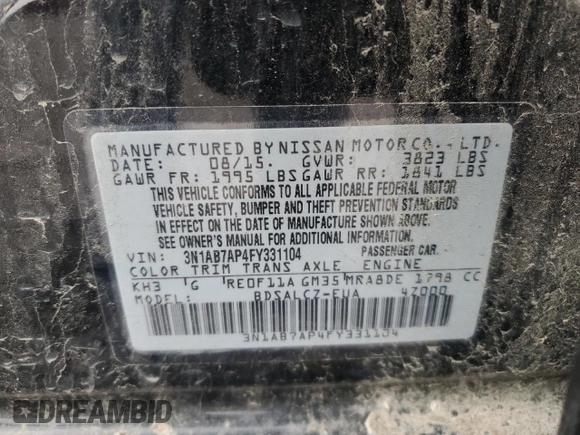 2015 Nissan Sentra SV with VIN 3N1AB7AP4FY331104, listed as a Copart auction lot 52337765 with 145,243 mi miles and Salvage Title. Bid and sale history available at carsss.com. Image 12.