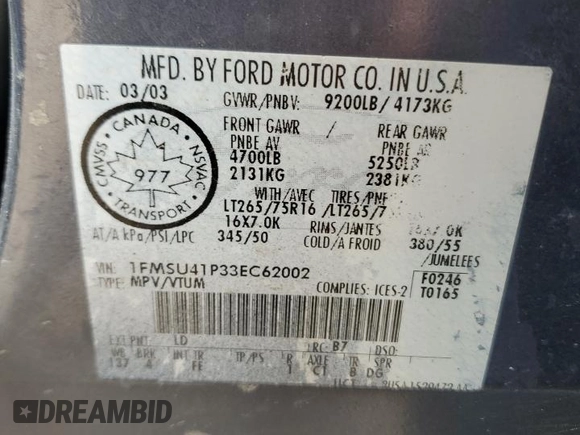 2003 Ford Excursion Special Serv с VIN 1FMSU41P33EC62002, выставлен на аукционе Copart как лот 62742355 с пробегом 348 447 миль миль и Чистый • Clean title. История ставок и продаж доступна на DreamBid. Изображение 13.