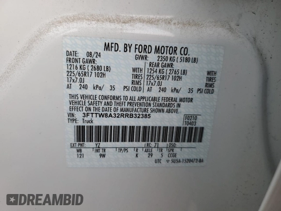 2024 Ford Maverick XL with VIN 3FTTW8A32RRB32385, listed as a Copart auction lot 87480054 with 9,613 mi miles and Salvage Title. Bid and sale history available at carsss.com. Image 13.
