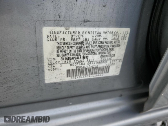 2010 Nissan Sentra SR with VIN 3N1AB6AP9AL616610, listed as a Copart auction lot 56124975 with 133,523 mi miles and Clean Title. Bid and sale history available at DreamBid. Image 12.