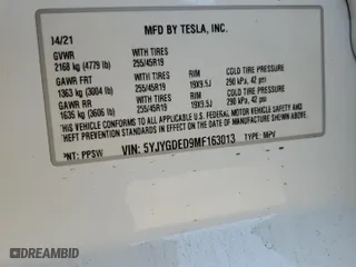 2021 Tesla Model Y Standard Range with VIN 5YJYGDED9MF163013, listed as a Copart auction lot 47807245 with 47,458 mi miles and Salvage Title. Bid and sale history available at carsss.com. Image 13.