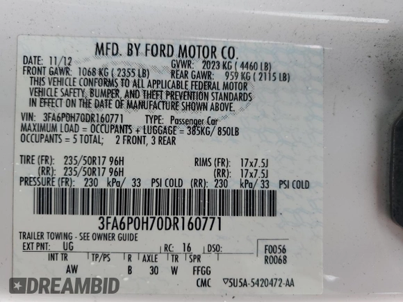 2013 Ford Fusion SE with VIN 3FA6P0H70DR160771, listed as a Copart auction lot 58441865 with 153,730 mi miles and Salvage title. Bid and sale history available at DreamBid. Image 12.