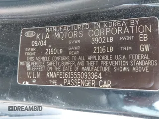 2005 Kia Spectra with VIN KNAFE161555093364, listed as a IAAI auction lot 41465930 with 190,769 mi miles. Bid and sale history available at carsss.com. Image 9.