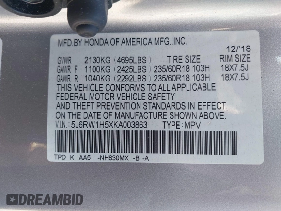 2019 Honda CR-V EX with VIN 5J6RW1H5XKA003863, listed as a IAAI auction lot 41424720 with 1 mi miles. Bid and sale history available at carsss.com. Image 9.