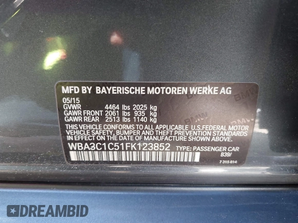 2015 BMW 3 Series 328i with VIN WBA3C1C51FK123852, listed as a IAAI auction lot 41857179 with 90,308 mi miles and . Bid and sale history available at carsss.com. Image 9.