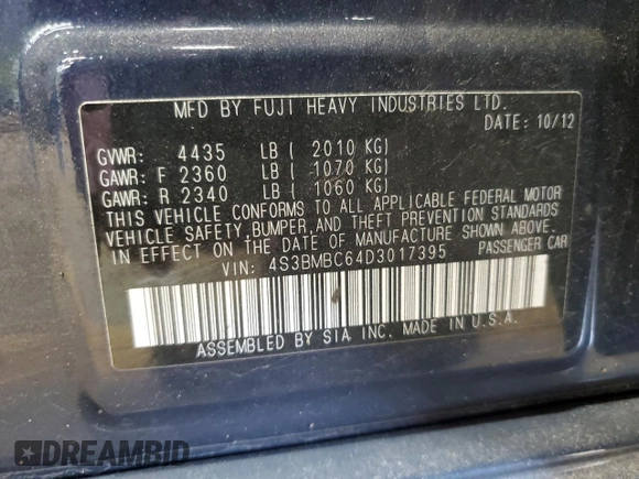 2013 Subaru Legacy Premium with VIN 4S3BMBC64D3017395, listed as a Copart auction lot 62115555 with 138,567 mi miles and Salvage title. Bid and sale history available at DreamBid. Image 12.