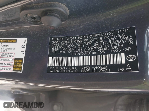 2011 Toyota Prius I with VIN JTDKN3DU4B1461126, listed as a IAAI auction lot 42038207 with 174,923 mi miles and . Bid and sale history available at DreamBid. Image 9.