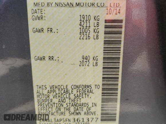 2015 Nissan Altima 2.5 SL with VIN 1N4AL3AP5FN361377, listed as a Copart auction lot 51414725 with 164,472 mi miles and Salvage Title. Bid and sale history available at carsss.com. Image 14.