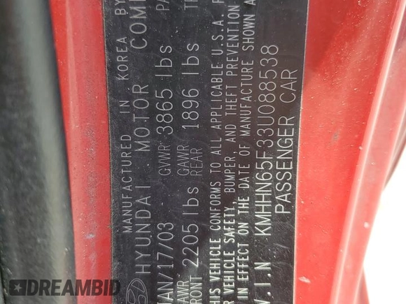 2003 Hyundai Tiburon GT z VIN KMHHN65F33U088538, wystawiony jako Copart lot #54320955 z przebiegiem 220 732 mil mil oraz Szkoda całkowita • Salvage title. Historia ofert i sprzedaży dostępna na DreamBid. Obrazek 12.