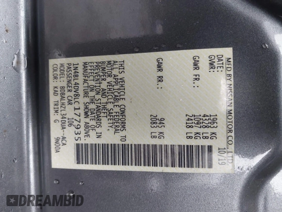 2020 Nissan Altima SV with VIN 1N4BL4DV8LC177935, listed as a IAAI auction lot 41961392 with 33,318 mi miles and . Bid and sale history available at DreamBid. Image 9.