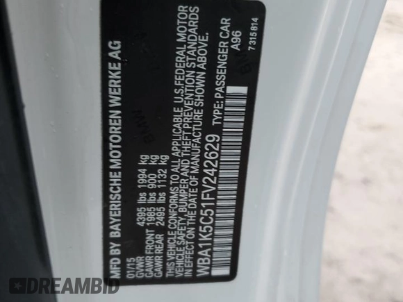 2015 BMW 2 Series 228i with VIN WBA1K5C51FV242629, listed as a Copart auction lot 74613734 with Not provided miles and Salvage title. Bid and sale history available at DreamBid. Image 13.