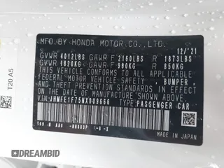 2022 Honda Civic EX with VIN JHMFE1F75NX009666, listed as a IAAI auction lot 42274513 with 25,290 mi miles and . Bid and sale history available at DreamBid. Image 9.