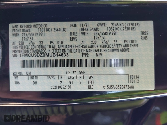 2021 Ford Escape Titanium Hybrid with VIN 1FMCU9DZ0MUB14833, listed as a IAAI auction lot 42593983 with 51,852 mi miles and . Bid and sale history available at DreamBid. Image 9.