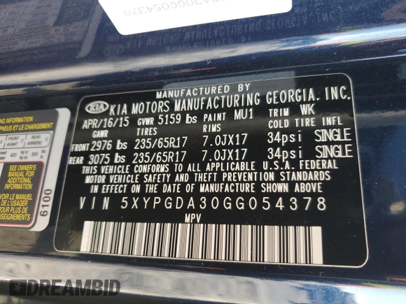 2016 Kia Sorento LX with VIN 5XYPGDA30GG054378, listed as a Copart auction lot 80247624 with 102,495 mi miles and Salvage Title. Bid and sale history available at carsss.com. Image 15.