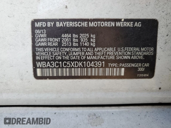 2013 BMW 3 Series 328i with VIN WBA3C1C5XDK104391, listed as a Copart auction lot 49204125 with 208,339 mi miles and Clean Title. Bid and sale history available at carsss.com. Image 12.