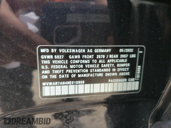 2022 Volkswagen Arteon SEL R-Line z VIN WVWAR7AN4NE010909, wystawiony jako Copart lot #58352354 z przebiegiem 17 095 mil mil oraz Nie do naprawy • Non repairable. Historia ofert i sprzedaży dostępna na DreamBid. Obrazek 12.