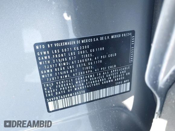 2024 Volkswagen Tiguan S with VIN 3VVFB7AX0RM185378, listed as a IAAI auction lot 41330759 with 2,534 mi miles and . Bid and sale history available at DreamBid. Image 9.