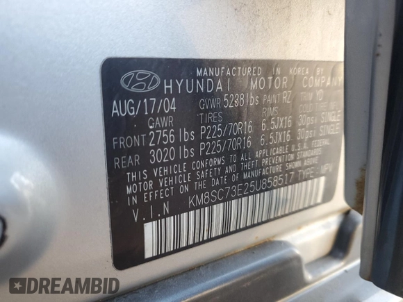 2005 Hyundai Santa Fe GLS with VIN KM8SC73E25U858517, listed as a Copart auction lot 75688114 with 161,600 mi miles and Salvage Title. Bid and sale history available at carsss.com. Image 13.