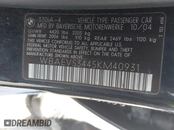 2005 BMW 3 Series 330i с VIN WBAEV53445KM40931, выставлен на аукционе IAAI как лот 42061235 с пробегом 298 421 миль миль и . История ставок и продаж доступна на DreamBid. Изображение 9.