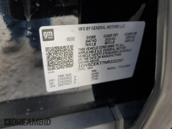 2022 Chevrolet Suburban with VIN 1GNSCEKT7NR222257, listed as a Copart auction lot 84840904 with 113,761 mi miles and Salvage title. Bid and sale history available at DreamBid. Image 14.