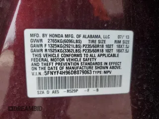 2013 Honda Pilot Touring with VIN 5FNYF4H96DB079063, listed as a Copart auction lot 50065955 with 215,535 mi miles and Salvage Title. Bid and sale history available at carsss.com. Image 13.