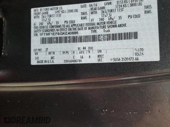 2016 Ford F-150 XL with VIN 1FTMF1EF6GKE40886, listed as a Copart auction lot 42482015 with 67,781 mi miles and Salvage title. Bid and sale history available at DreamBid. Image 13.
