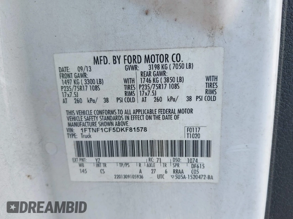 2013 Ford F-150 XL with VIN 1FTNF1CF5DKF81578, listed as a IAAI auction lot 41319200 with 251,998 mi miles. Bid and sale history available at carsss.com. Image 9.