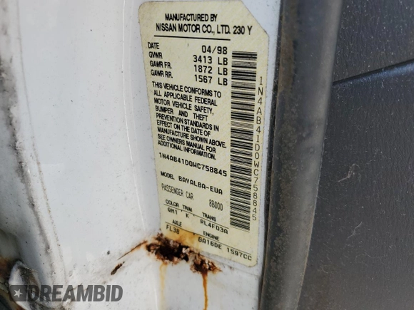1998 Nissan Sentra XE with VIN 1N4AB41D0WC758845, listed as a Copart auction lot 56358355 with 112,545 mi miles and Salvage title. Bid and sale history available at DreamBid. Image 12.