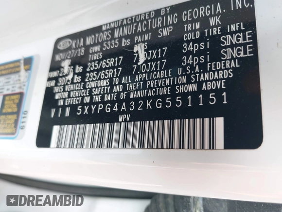 2019 Kia Sorento LX with VIN 5XYPG4A32KG551151, listed as a IAAI auction lot 41883260 with 126,600 mi miles and . Bid and sale history available at carsss.com. Image 9.