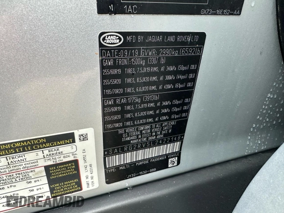 2020 Land Rover Discovery SE with VIN SALRG2RV5L2422148, listed as a Copart auction lot 53185595 with 69,204 mi miles and Clean Title. Bid and sale history available at DreamBid. Image 10.