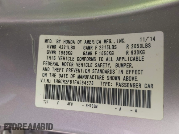 2015 Honda Accord EX-L с VIN 1HGCR2F81FA064578, выставлен на аукционе IAAI как лот 42458486 с пробегом 155 656 миль миль и . История ставок и продаж доступна на DreamBid. Изображение 9.