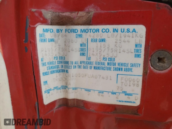 1985 Ford Ranger with VIN 1FTCR10S0FUA07431, listed as a Copart auction lot 87198624 with 88,213 mi miles and Salvage Title. Bid and sale history available at DreamBid. Image 12.