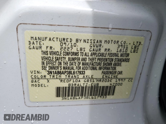 2011 Nissan Sentra S z VIN 3N1AB6AP3BL617933, wystawiony jako Copart lot #56425975 z przebiegiem 107 877 mil mil oraz Szkoda całkowita • Salvage title. Historia ofert i sprzedaży dostępna na DreamBid. Obrazek 12.