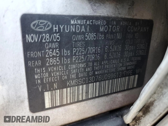 2006 Hyundai Santa Fe GLS with VIN KM8SC13D76U099613, listed as a Copart auction lot 52783575 with 194,819 mi miles and Salvage Title. Bid and sale history available at carsss.com. Image 13.
