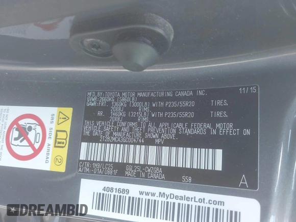 2016 Lexus RX 350 with VIN 2T2BZMCA3GC004744, listed as a IAAI auction lot 42117962 with 119,635 mi miles and . Bid and sale history available at DreamBid. Image 9.
