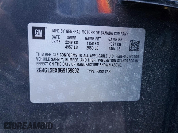 2016 Buick Regal with VIN 2G4GL5EX0G9169892, listed as a Copart auction lot 82002154 with 91,263 mi miles and Salvage Title. Bid and sale history available at DreamBid. Image 12.