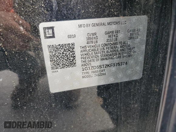 2019 Chevrolet Malibu LT with VIN 1G1ZD5ST2KF175374, listed as a Copart auction lot 54262955 with 104,777 mi miles and Clean Title. Bid and sale history available at DreamBid. Image 12.