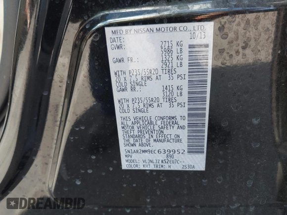 2014 Nissan Pathfinder SL with VIN 5N1AR2MM9EC639952, listed as a IAAI auction lot 42216892 with 140,253 mi miles. Bid and sale history available at carsss.com. Image 9.