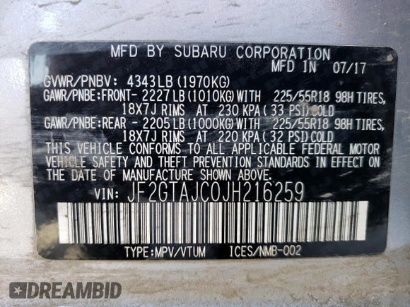 2018 Subaru Crosstrek Limited z VIN JF2GTAJC0JH216259, wystawiony jako Copart lot #52727935 z przebiegiem 123 790 mil mil oraz Szkoda całkowita • Salvage title. Historia ofert i sprzedaży dostępna na DreamBid. Obrazek 12.