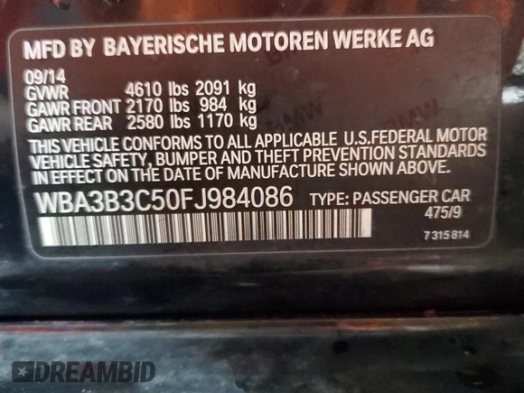 2015 BMW 3 Series 328i xDrive with VIN WBA3B3C50FJ984086, listed as a Copart auction lot 52006475 with 147,065 mi miles and Salvage Title. Bid and sale history available at carsss.com. Image 14.