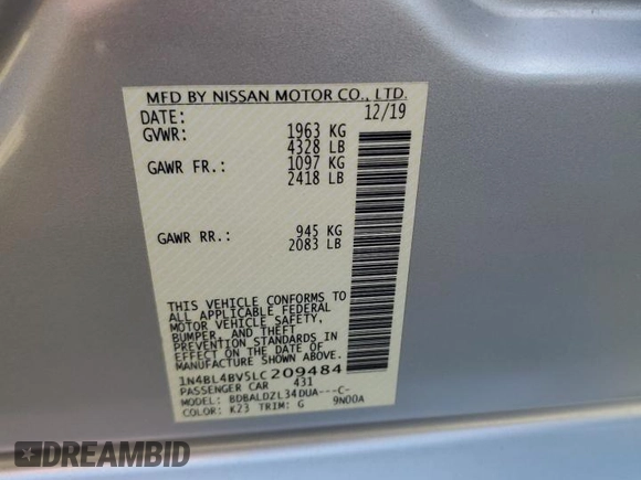 2020 Nissan Altima 2.5 S with VIN 1N4BL4BV5LC209484, listed as a Copart auction lot 46815435 with 147,120 mi miles and Salvage Title. Bid and sale history available at carsss.com. Image 15.