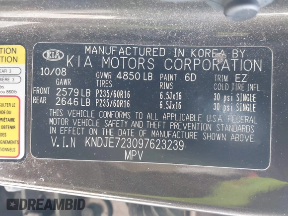 2009 Kia Sportage LX with VIN KNDJE723097623239, listed as a IAAI auction lot 41233933 with 169,444 mi miles. Bid and sale history available at carsss.com. Image 9.