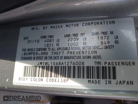 2010 Mazda 3 S Grand Touring z VIN JM1BL1S68A1276008, wystawiony jako IAAI lot #41453232 z przebiegiem 40 623 mil mil oraz . Historia ofert i sprzedaży dostępna na DreamBid. Obrazek 9.